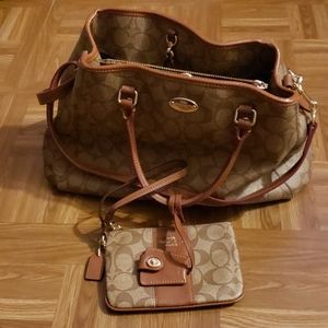 Large tan leather Coach purse, with wristlet